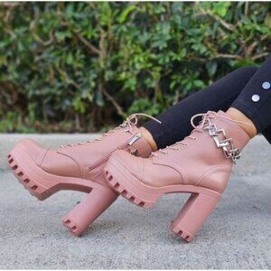 Women's Nude Platform Heel Boots Chunky Ankle Lace Up